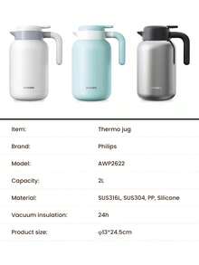 PHILIPS Thermo Jug AWP2622 2L Capacity 24h Vacuum Insulation Pot SUS316LInner Liner Pot Hot/Cold Heat Preservation - Multicolor - View 9
