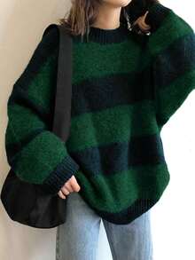 Valentine's Day Women's Oversized Stripe Sweater 2026 Spring Y2K Crewneck Knit Top,Loose Fit Long Sleeve Pullover - 綠色 - 查看 1