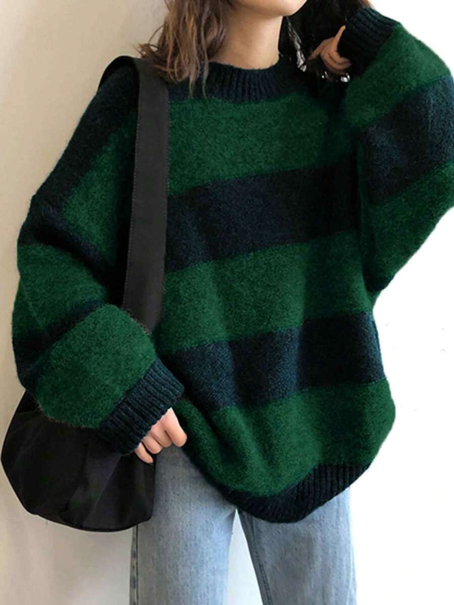 Valentine's Day Women's Oversized Stripe Sweater 2026 Spring Y2K Crewneck Knit Top,Loose Fit Long Sleeve Pullover - 綠色 - 查看 1