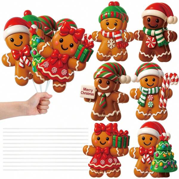 6/12pcs 2D Large Gingerbread Man Christmas Tree Picks Gingerbread Christmas Decor With Sticks Cute Ornaments For Xmas Tree Topper Home School Office Garden Patio Winter Vase Holiday Home Decor Christmas Decorations Room Decor