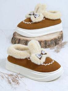 Pantuflas para mujer, felpa bicolor, punta redonda, plantilla alta, sin cordones, lazo decorativo, estilo minimalista para casa en invierno - Camel - Ver 2