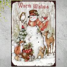 1pc Vintage Christmas Snowman Wall Art Wooden Sign With Winter Forest Scene, Wildlife And "Warm Wishes" Text - Indoor/Outdoor Home, Party Or Gift Decor, Outdoor Christmas Decoration, Holiday Home Decor