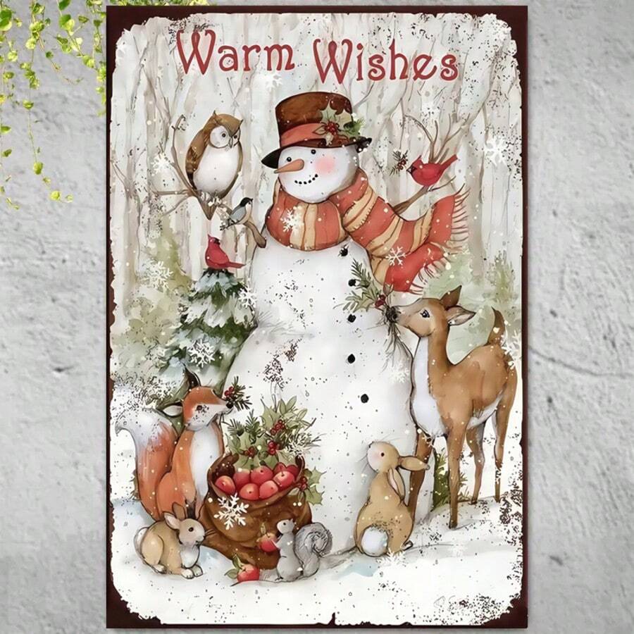 1pc Vintage Christmas Snowman Wall Art Wooden Sign With Winter Forest Scene, Wildlife And "Warm Wishes" Text - Indoor/Outdoor Home, Party Or Gift Decor, Outdoor Christmas Decoration, Holiday Home Decor