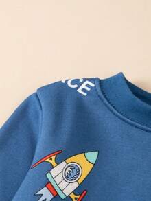 2件套男童加厚保暖内衣套装，蓝色火箭卡通印花睡衣，秋冬保暖家居服