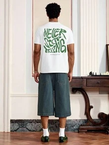 男士圆领针织休闲T恤，带标语印花，夏季，街头风格 - 白色 - 查看 1