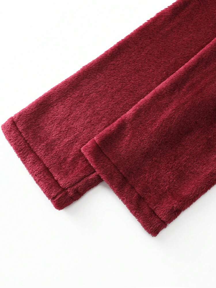 1pc Solid Color Fleece Asymmetric/Asymmetrical Hooded Sweatshirt, Casual Everyday Wear For Winter - Burgundy - View 5