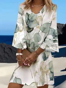 New Popular Style In Autumn And Summer, Fashionable And Casual Vacation Style, Light And Elegant, Slim And Suitable For Women To Go Out, Travel And Work, Summer Fall Clothes For Women New Arrival Fashionable Vacation Style Floral Print Mid-Sleeve Dress,Fall Clothes For Women - trắng - Xem 3