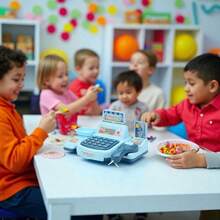 Tecforood 1 Mini Simulated Cash Register Toy With Light Blue As The Main Color And Printed With Cute Patterns Such As Fruits. It Has A Cute Supermarket Style, High-Quality Plastic Material, And Restores The Shape Of A Real Cash Register (Including Rich Details Such As Calculator And Card Reader), The Basic Model Has No Sound Function