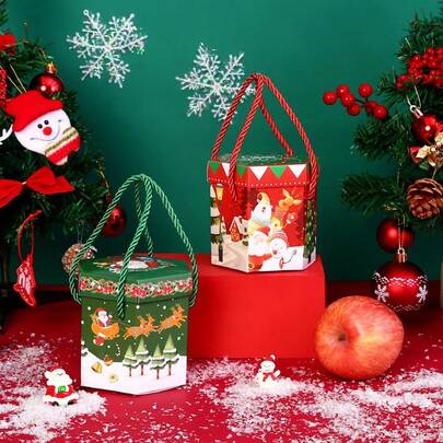 10 Hand-Held Rope Christmas Gift Boxes, 5 Santa Claus+5 Reindeer Combinations, Charming Christmas Is Perfect Compatible With Apple And Candy Themed Packaging, Suitable For Holiday Snacks And Baking, Hexagonal Christmas Apple Gift Boxes, Christmas Eve Apple Biscuit Nougat Gift Boxes (Folded And Shipped)