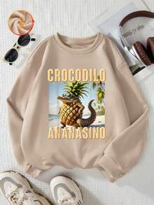Sudadera holgada y casual de ajuste suelto para adolescentes/niños, con estampado abstracto de IA "CROCODILO" y "ANANASINO" y texto "ITALIAN BRAINROT", de manga larga y hombros caídos