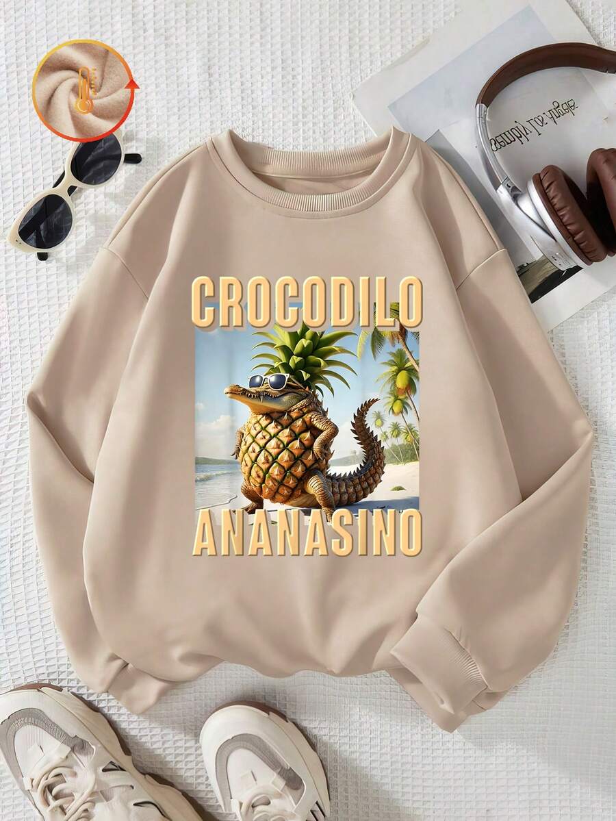 Sudadera holgada y casual de ajuste suelto para adolescentes/niños, con estampado abstracto de IA "CROCODILO" y "ANANASINO" y texto "ITALIAN BRAINROT", de manga larga y hombros caídos