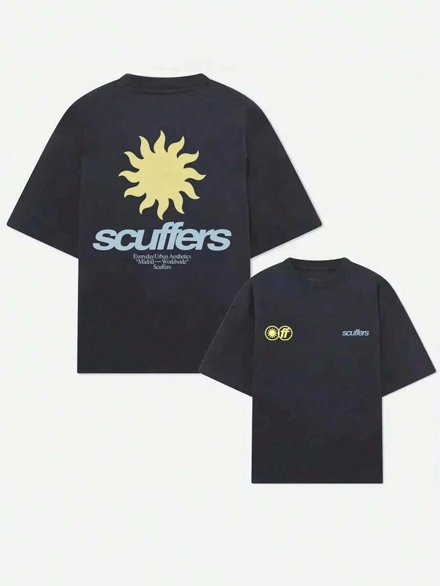 Sun Logo Graphic T-Shirt,220g Cotton Crew Neck Double-Sided Printed T-Shirt For Summer - màu đen - Xem 1