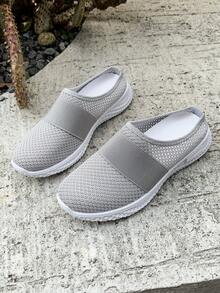 Scarpe casual da donna alla moda in maglia grigia traspirante, scarpe slip-on comode, eleganti mocassini casual, scarpe sportive da tempo libero senza tallone per donne