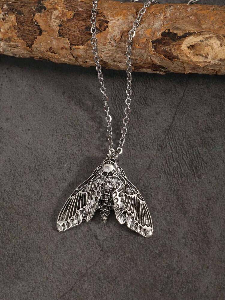 Gothic Punk Style Skull & Moth Pendant Necklace, Dark Gothic Halloween Moth Necklace For Men & Women - Silver - View 2