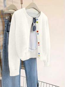 Cárdigan informal de manga larga con botones de colores, cuello redondo, para mujer de talla grande, para otoño e invierno