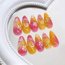 24Pcs Flower Press On Nails Medium Almond Fake Nails With 3D Floral Pearl Charms Design Orange Red Gradient Full Cover False Nails Cute Spring Summer Glue On Nails Stick On Nails For Women - Nhiều màu - Xem 4