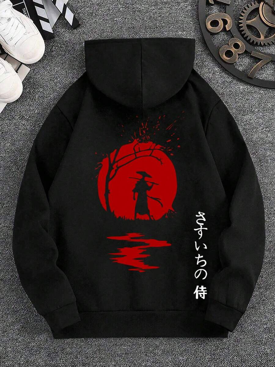 Teen Boy Fashionable Samurai Graphic Casual Pullover Sweatshirt, Suitable For Streetwear, Outdoor, Daily Wear - Black - View 1