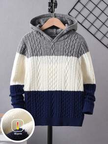 男孩和青少年学院风条纹粗针织连帽套头衫，适合日常穿着、上学、春季、秋季、冬季