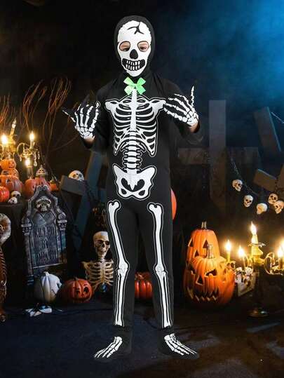 Set da 4 pezzi Papillon che brillano al buio per bambini, tuta da scheletro per Ognissanti, Cosplay, feste e spettacoli