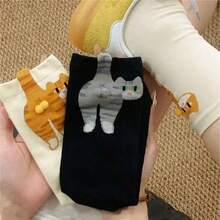 2pairs Cartoon Cat Tinkerbell Egg Socks Soft Cotton Socks Breathable Cat Middle Tube Socks Novelty Gifts For Cat Lovers Family - Multicolor - View 1