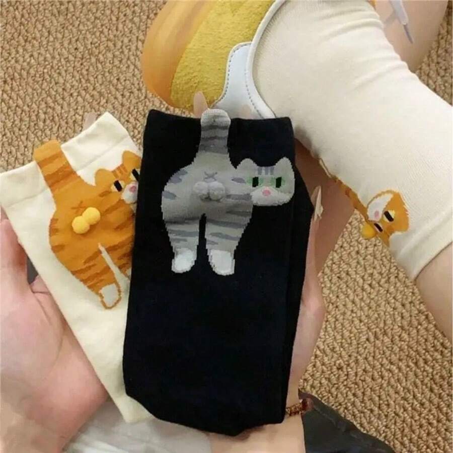 2pairs Cartoon Cat Tinkerbell Egg Socks Soft Cotton Socks Breathable Cat Middle Tube Socks Novelty Gifts For Cat Lovers Family - Multicolor - View 1