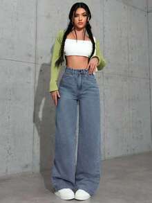 Pantalones Larga Duración y Suelta Mezclilla Anchas Jeans Piernas Anchas Talla Grande para Mujer Azul Claro Cintura Alta Elásticos - Gris - Ver 6