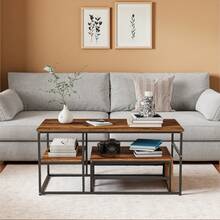 Mesa de centro de dos piezas, mesa auxiliar, aspecto mármol, estructura y estante de metal, mesa de centro, mesa de sala de estar, mesa de sofá, adecuada para sala de estar, dormitorio, madera y negro - Madera y negro - Ver 2