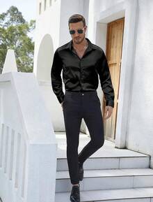Mens Silk Satin Shirts Long Sleeve Button Down Loose Fit Dress Shirt Luxury Party Prom Wedding Shirtshalloween - màu đen - Xem 4
