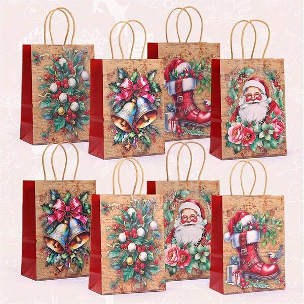 16 Stücke Weihnachtsgeschenktüten mit Weihnachtsmann, Stechpalme, Glocken - Kraftpapier Urlaubsverpackungstüten mit Jutekordeln, rot, grün, goldene Farben - für Weihnachten, Partys, Einkaufen, Geschenkverpackung - Festliche Dekorationen, Weihnachtsgeschenktüten, Party Geschenktüten, Urlaubsthema Design, stabile Papierverarbeitung (1/8/16 Stücke)