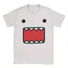 Domo Kun Cartoon Print Cotton T-Shirt, Comfortable & Casual Short Sleeve Tee For All Seasons Relaxed Fit Casual Tees Simple Design, Knitting Process - 黑色 - 查看 1