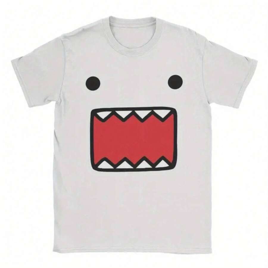 Domo Kun Cartoon Print Cotton T-Shirt, Comfortable & Casual Short Sleeve Tee For All Seasons Relaxed Fit Casual Tees Simple Design, Knitting Process - 黑色 - 查看 1