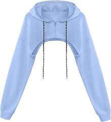 Women Crop Top Pullover Sweatshirt Long Sleeve Drawstring Hoodie - Màu xanh lam - Xem 1