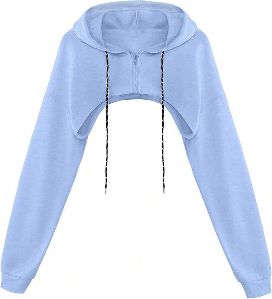 Women Crop Top Pullover Sweatshirt Long Sleeve Drawstring Hoodie - Màu xanh lam - Xem 1