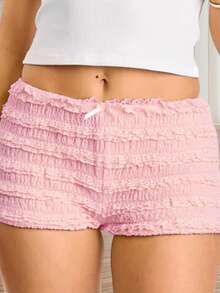 Women's Summer Bodycon Shorts Solid Color Low Waist Ruffled Mini Bow Front Short Pants - Hồng - Xem 5