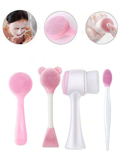 4 件套多功能硅胶洁面刷，双头硅胶面部去角质刷，双面刷，可重复使用面部清洁刷，手持式面部刷，适用于面部护肤和按摩，手动皮肤硅胶去角质刷，用于去除化妆残留物、黑头、面部按摩和深层清洁护肤