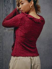 Women's Lace Open Front Tie Up Flared Long Sleeve Crop Top Blouse Shirt Aesthetic Streetwear - 酒紅色 - 查看 4