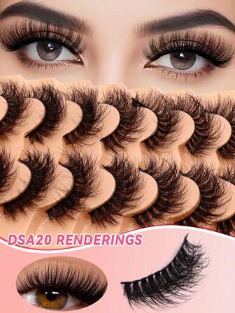 7 paires/paquet, Faux-cils russes DSA20 en D, faux-cils complets, paire de faux-cils complets, ébouriffés, épais, naturels, convenant pour les sorties de tous les jours, élargissent le regard, faux-cils complets épais et ébouriffés