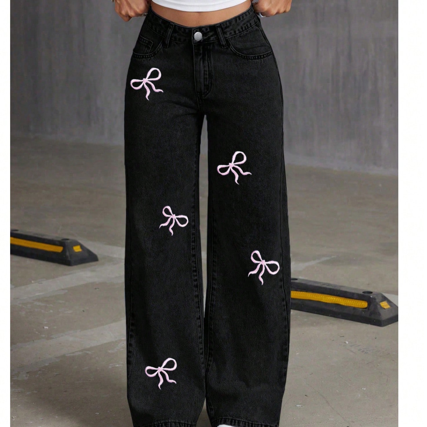 Jeans acampanados de ajuste holgado con estampado de moño para adolescentes, pantalones vaqueros casuales y cómodos