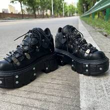Gothic Punk Style Women And Men Platform Sneakers Black Vintage Metal Decorations Lace-Up Rock Ankle Boots Shoes - 黑色 - 查看 7