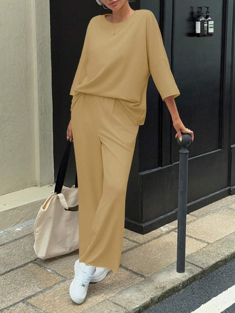 Fisoew Women Two Piece Lounge Set Casual 34 Sleeve Tunic Top And Wide Leg Pants Cozy Fall Outfits Y2K Matching Sets Soft Travel Loungewear Breathable Jogger Suit - Light Brown - 查看 7