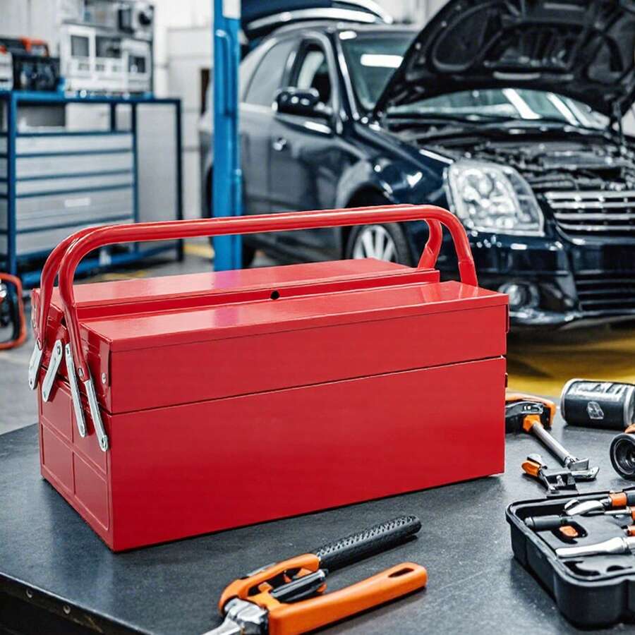 14" 2-Tier 3-Tray Folding Tool Box With Handle, Red - Red - View 1