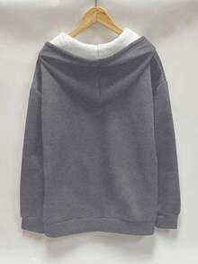 大码女式纯色抓绒拉链外套，基础款，秋冬季保暖 - 深灰色 - 查看 2