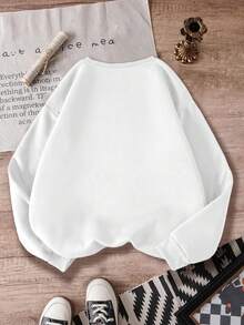 Weißes Mädchen-Sweatshirt aus Baumwolle mit überschnittenen Schultern, locker sitzendes Freizeit-Sweatshirt, Rundhals-Sweatshirt aus dickem Stoff, geeignet für Herbst und Winter, bequemes langärmliges Kinder-Sweatshirt, verstärktes Futter.