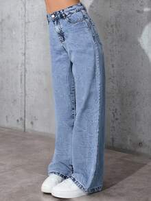 Pantalones vaqueros azul desgastado para mujer, de pierna recta y larga, sin estiramiento, de uso casual, con detalles de bolsillos de moda y artesanía de cordones, cada uno es diferente
