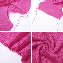 Women Knitted Hoodie Sweater Vest Sleeveless Hollow Out Hooded Crop Top Streetwear Rave Oufit - 玫紅色 - 查看 6