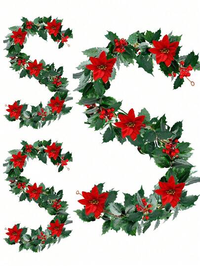 2pcs Artificial Red Berry Christmas Garland For Mantle,Red Berries & Holly Leaves Xmas Garlands,Christmas Poinsettia Garland With Red Berries And Holly Leaves,Xmas Mantle Fireplace Garlands Home Decor Christmas Decorations Room Decor