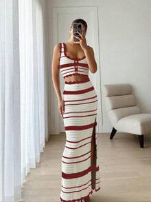 2025Two-Piece Set Women's Striped Print Crop Knit Top & Skirt, Elegant Breathable Fashion Casual Hollow Out Knit Top & Skirt For Daily Outdoor Wear, Women's Knitwear For Summer, Clothes, Cute Summer Outfit - Red - View 1