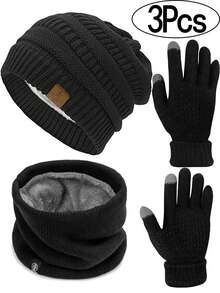 Winter Knit Beanie Hat Neck Warmer Scarf And Touch Screen Gloves Set 3 Pcs Thermal Lined Skull Cap For Men Knit Beanie Winter Thick Solid Thermal Lined Beanie Hats For Men Warm Skiing Beanies Fall
