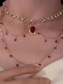 1 件波西米亚风格优雅女士项链，红色心形吊坠项链，女士配饰，采用闪亮设计的椭圆形人造珍珠吊坠，适合女性所有季节的日常穿着、派对、休闲装，也可作为礼物，女士项链，女士配饰，女士不锈钢项链，配饰，项链，海滩风格 - 珍珠 - 查看 2