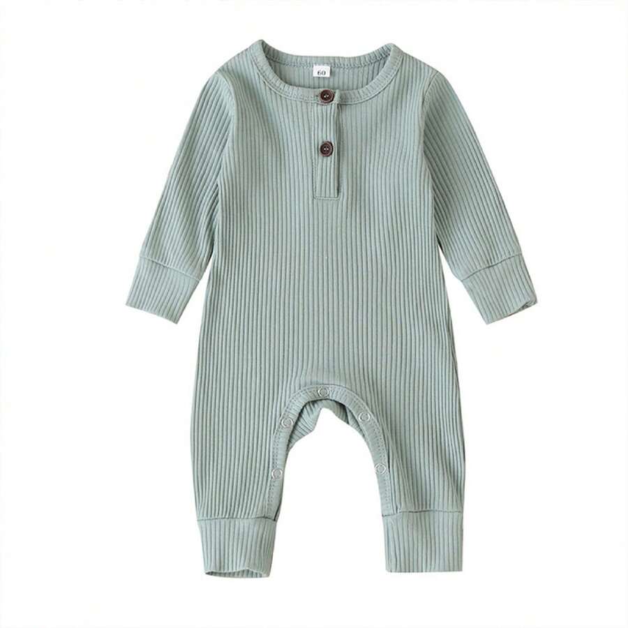 Newborn Baby Boy Girl Knitted Rib Romper Infant One Piece Jumpsuit Cotton Solid Long Sleeve  Bodysuit Basic Coming Home Outfits - Mint Green - View 1
